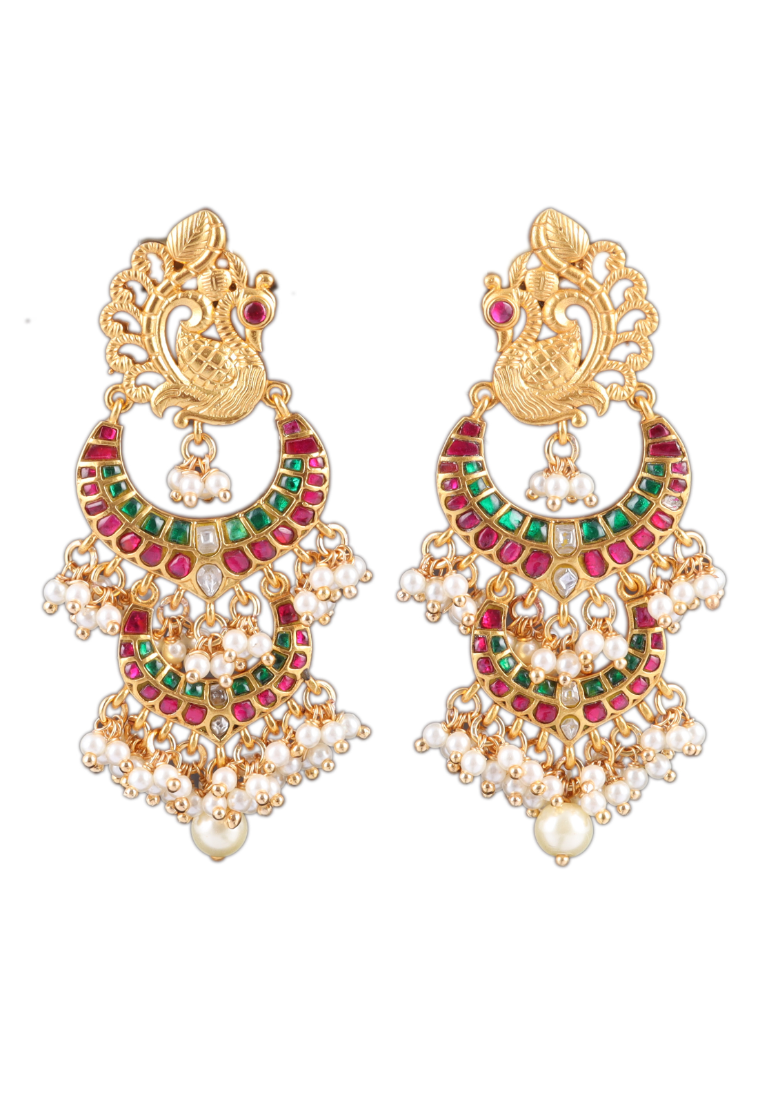 Real Jadau Kundan Double Chandbali Earrings with Peacock Motif