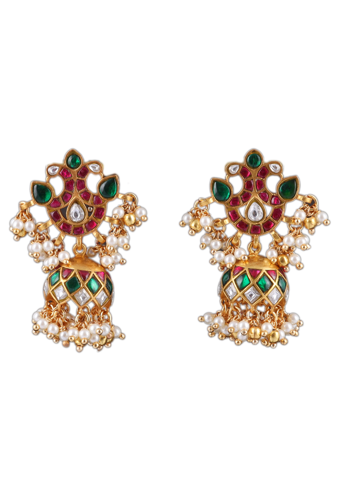 Real Jadau Kundan Floral Motif Jhumka Earrings with Pearls