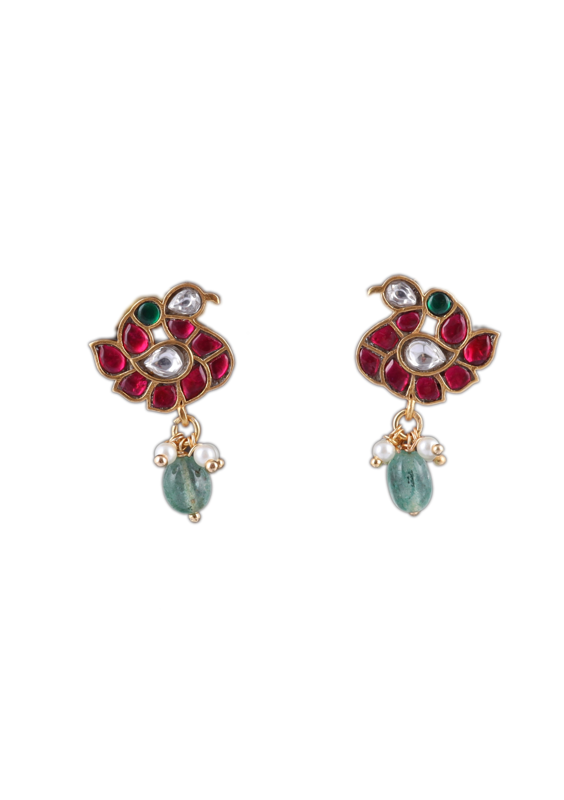 Designer Small Bird Jadau Kundan Stud Earrings with Green Beads