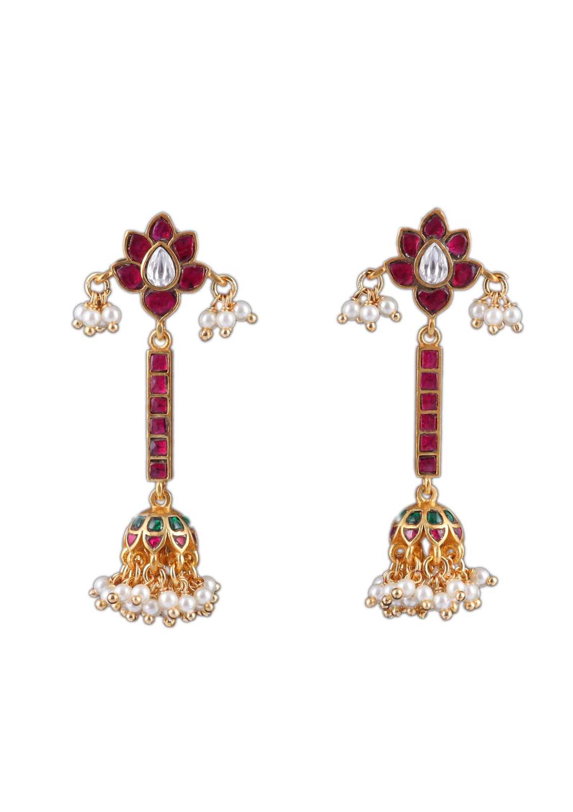 Simple Classic Long Floral Jadau Kundan Jhumka Earrings with Pearls
