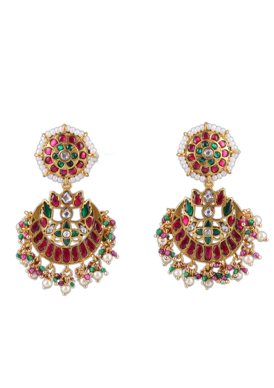 Elegant Floral Jadau Kundan Chandbali Earrings with Pearls and Beads Hangings