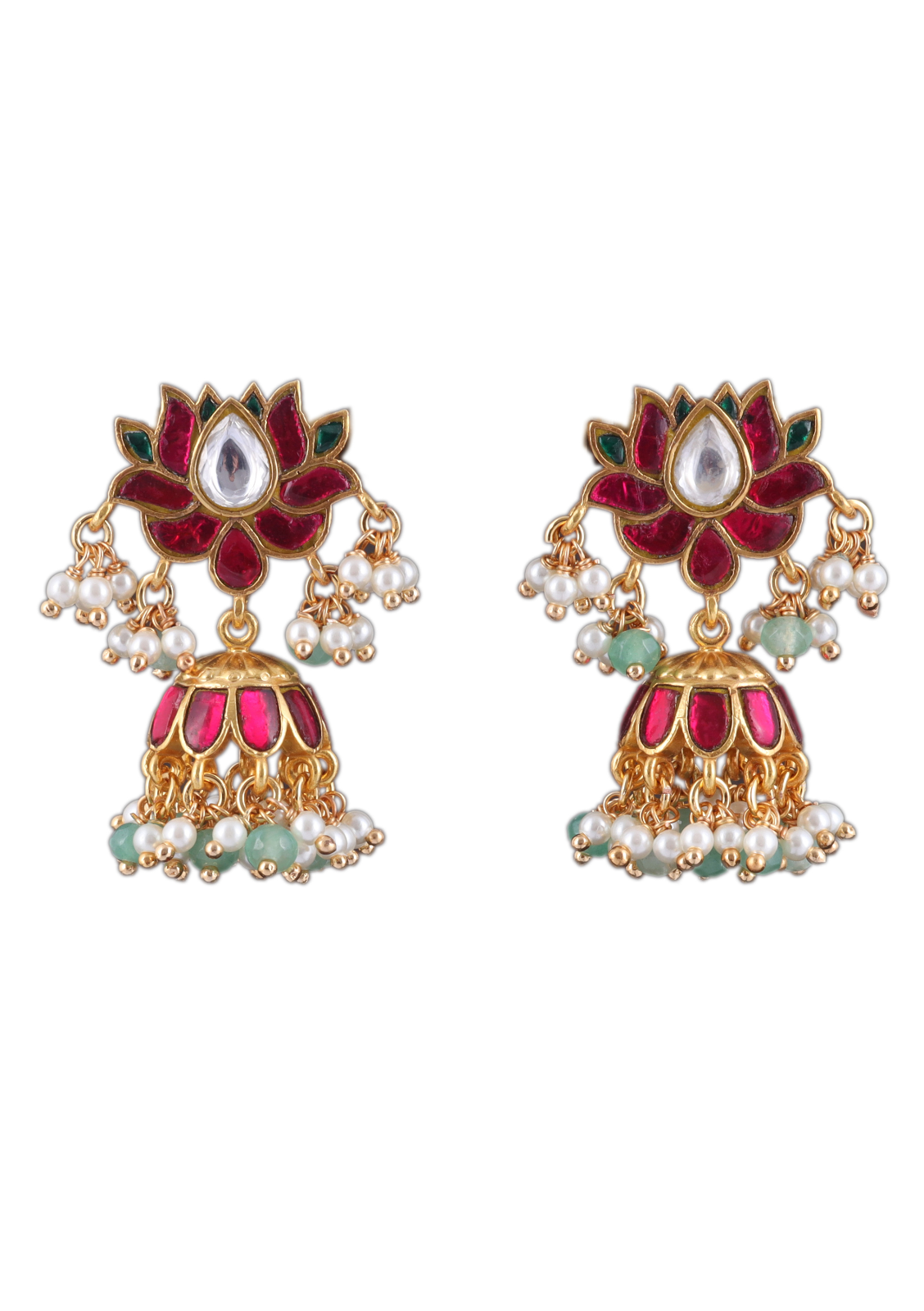 Exquisite Lotus Jadau Kundan Jhumka Earrings with Pearl and Green Beads