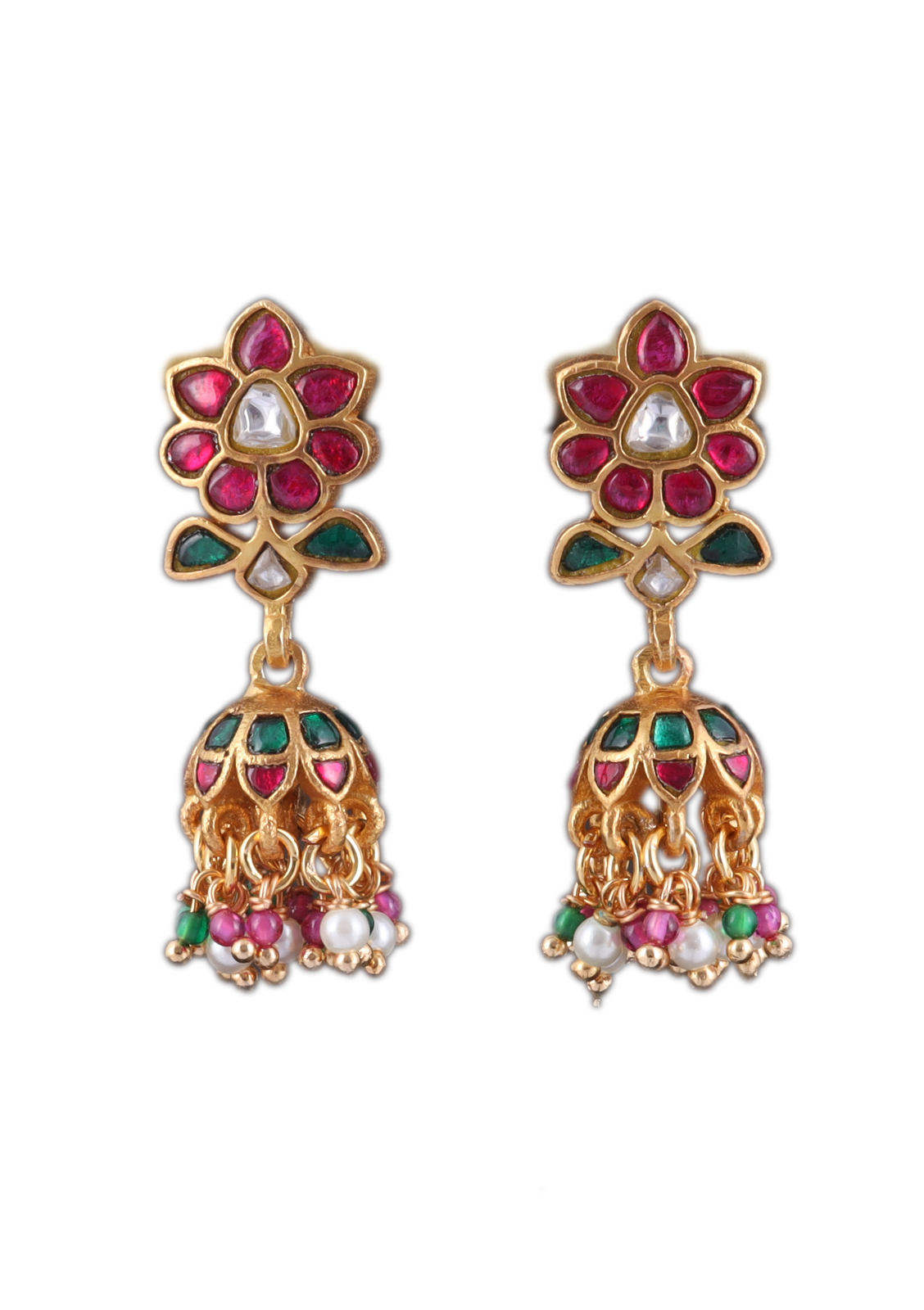 Stylish and Cute Jadau Kundan Designer Jhumka Earrings with Pearl and Green Beads Hangings
