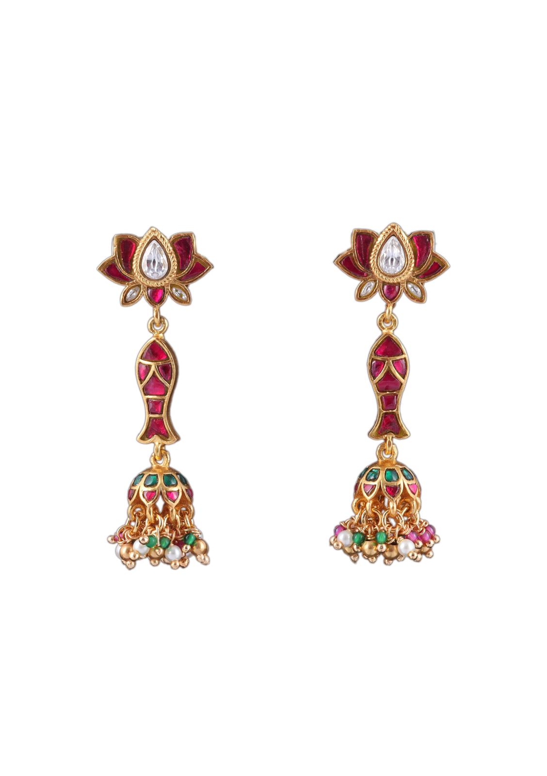 Lotus and Fish Designer Jadau Kundan Jhumka Earrings with Pearl, Red and Green Hangings