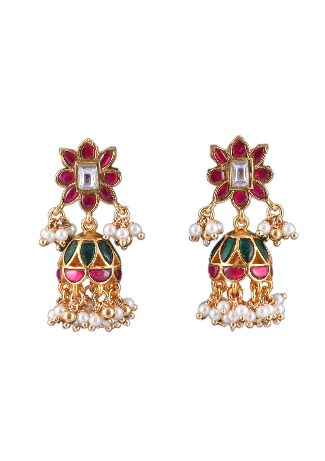 Cute Floral Jadau Kundan Jhumka Earrings with Pearl Beads Hangings