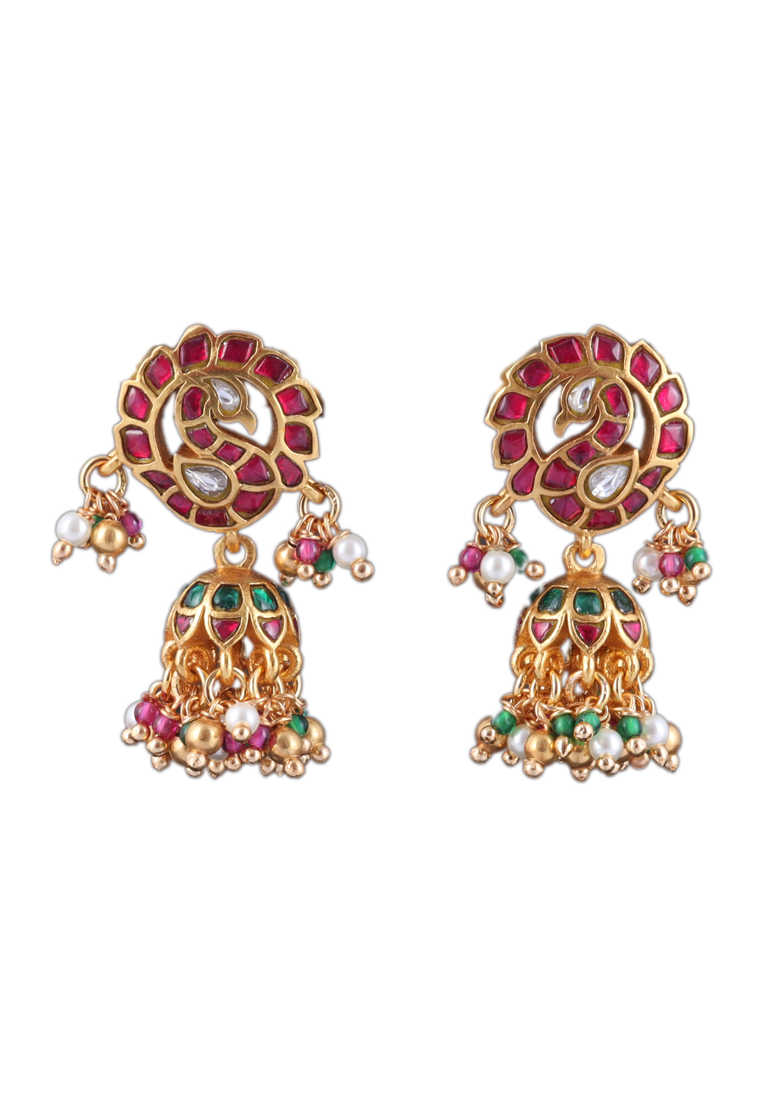 Exquisite Peacock Jadau Kundan Designer Earrings with Pearl and Green Beads Hangings