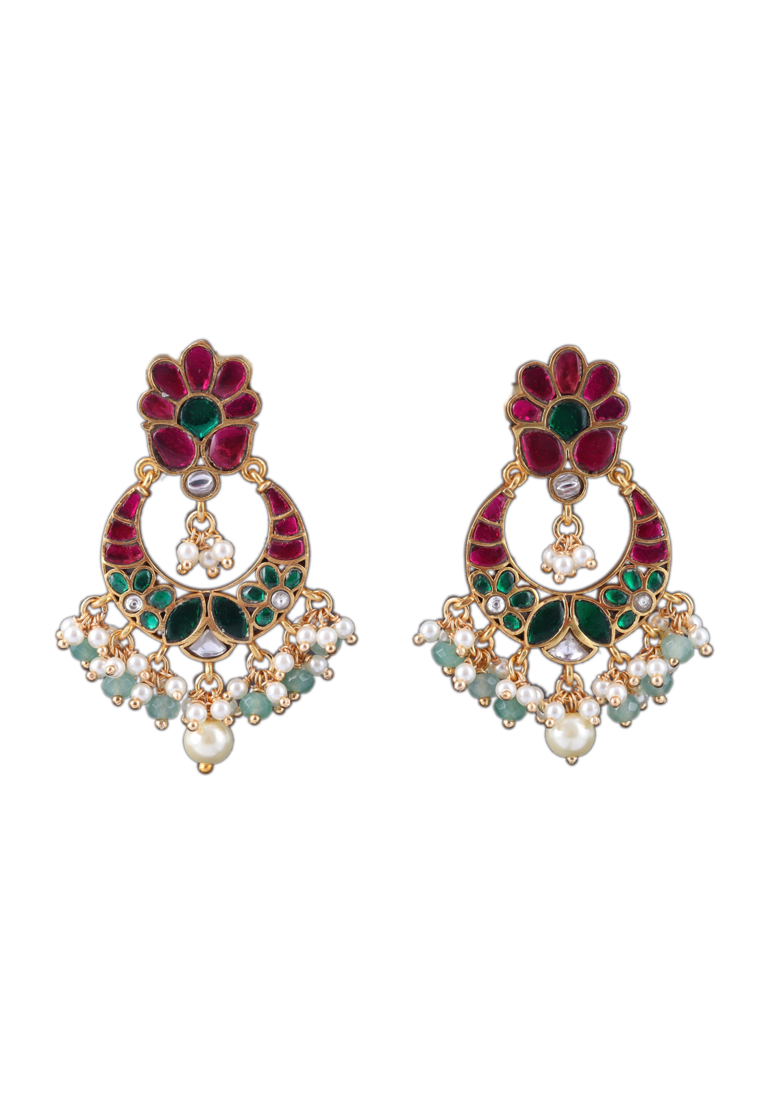 Charming Jadau Kundan Chandbali Earrings with Pearl and Green Beads Hangings