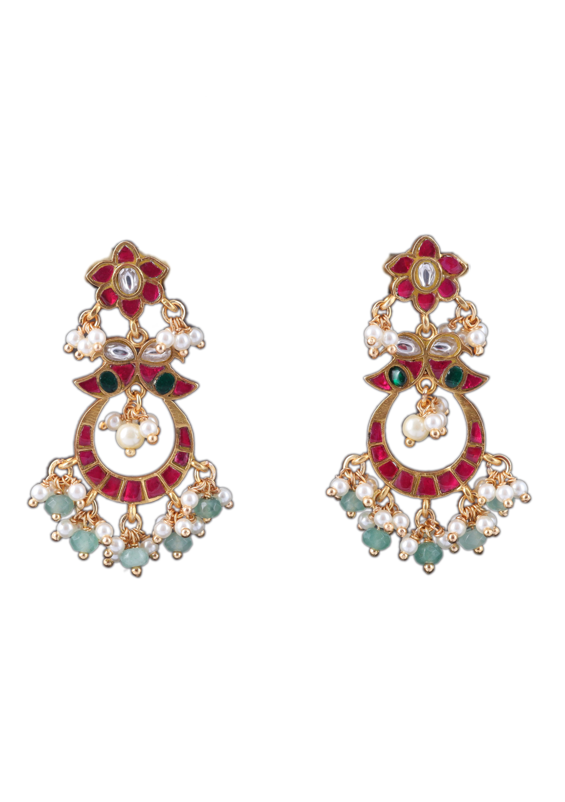 Delicate Designer Jadau Kundan Chandbali Earrings with Pearl and Green Beads Hangings