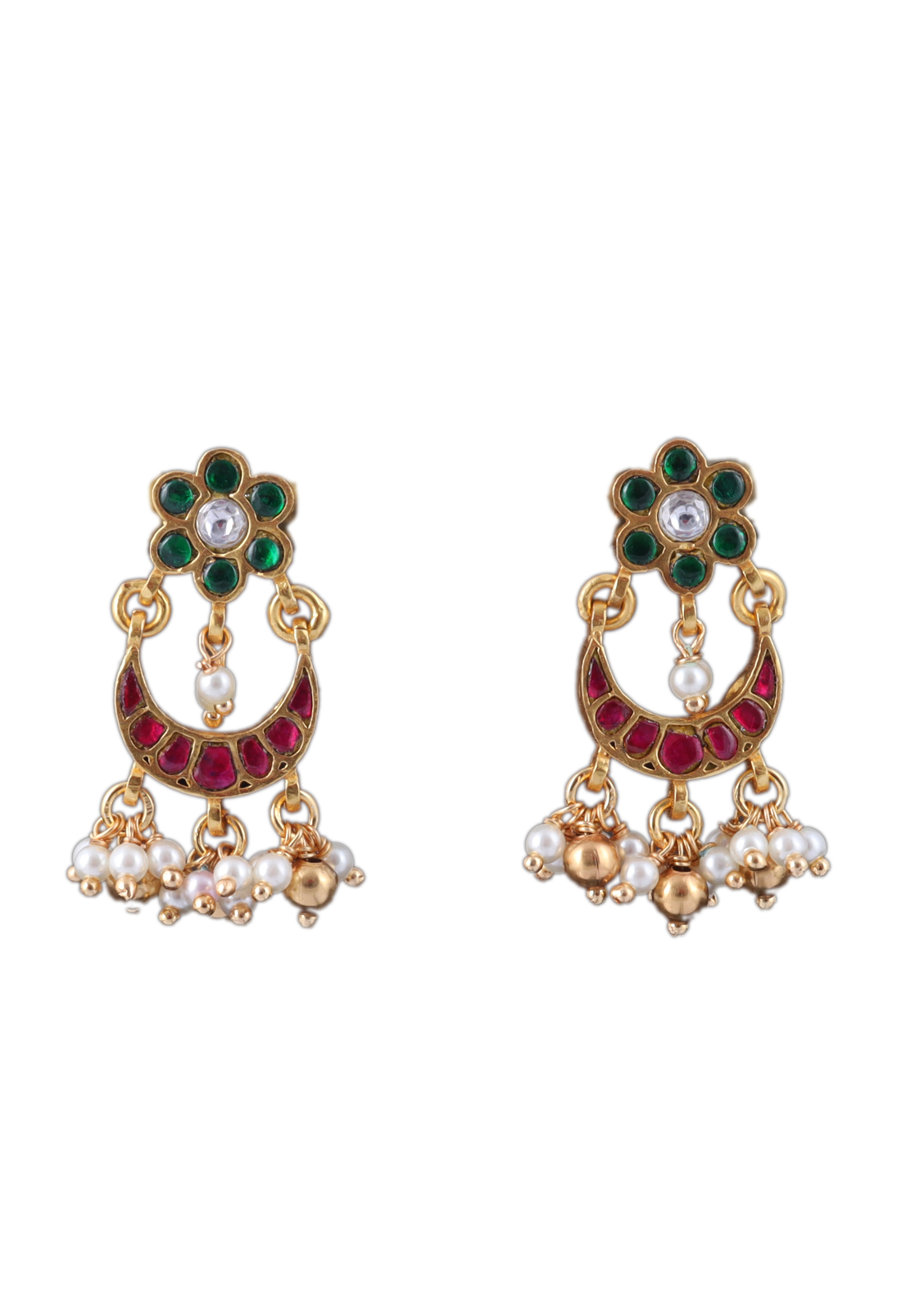 Simple Jadau Kundan Chandbali Earrings With Pearl Hangings
