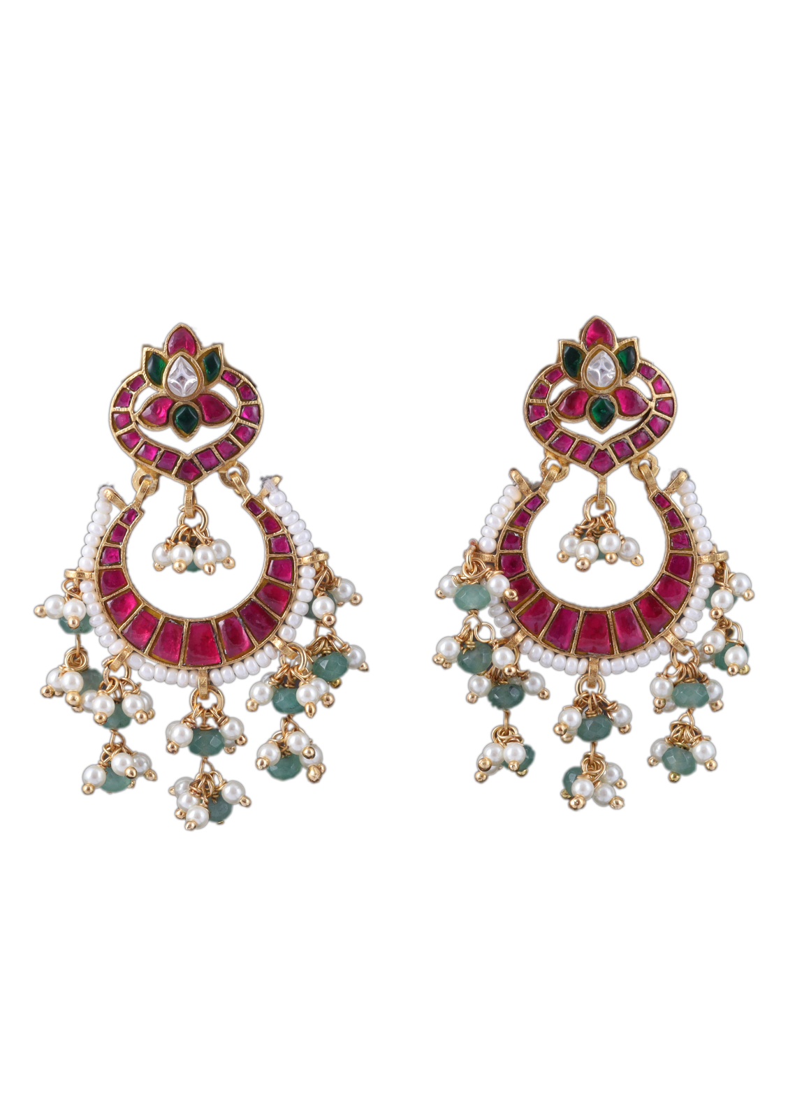 Delightful Jadau Kundan Designer Chandbali Earrings with Pearl and Green Beads Hangings