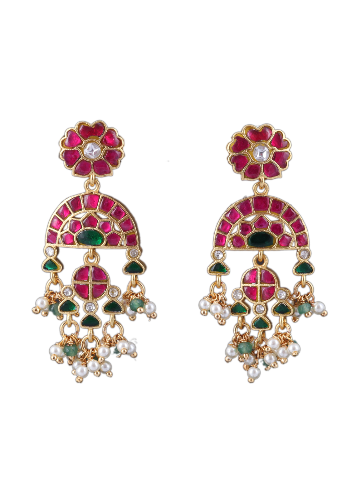 Glorious Designer Jadau Kundan Earrings with Pearl and Green Beads Hangings