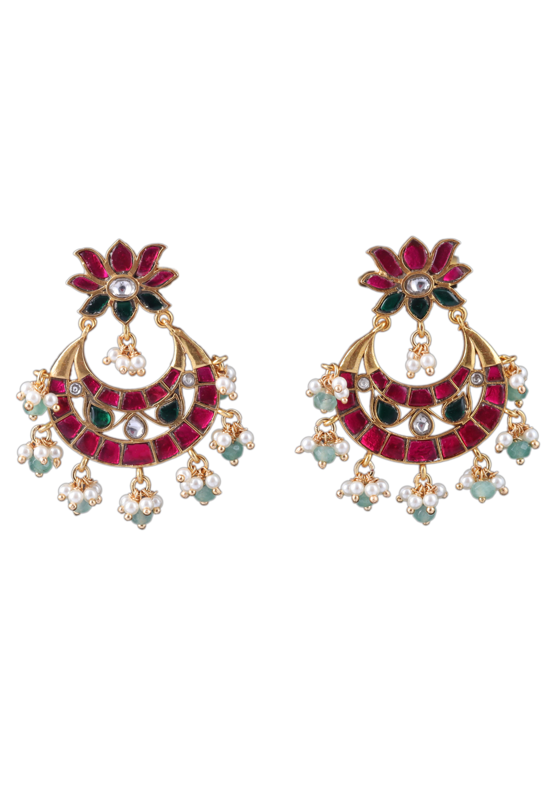 Classy Lotus Jadau Kundan Chandbali Earrings with Pearl and Green Beads Hangings