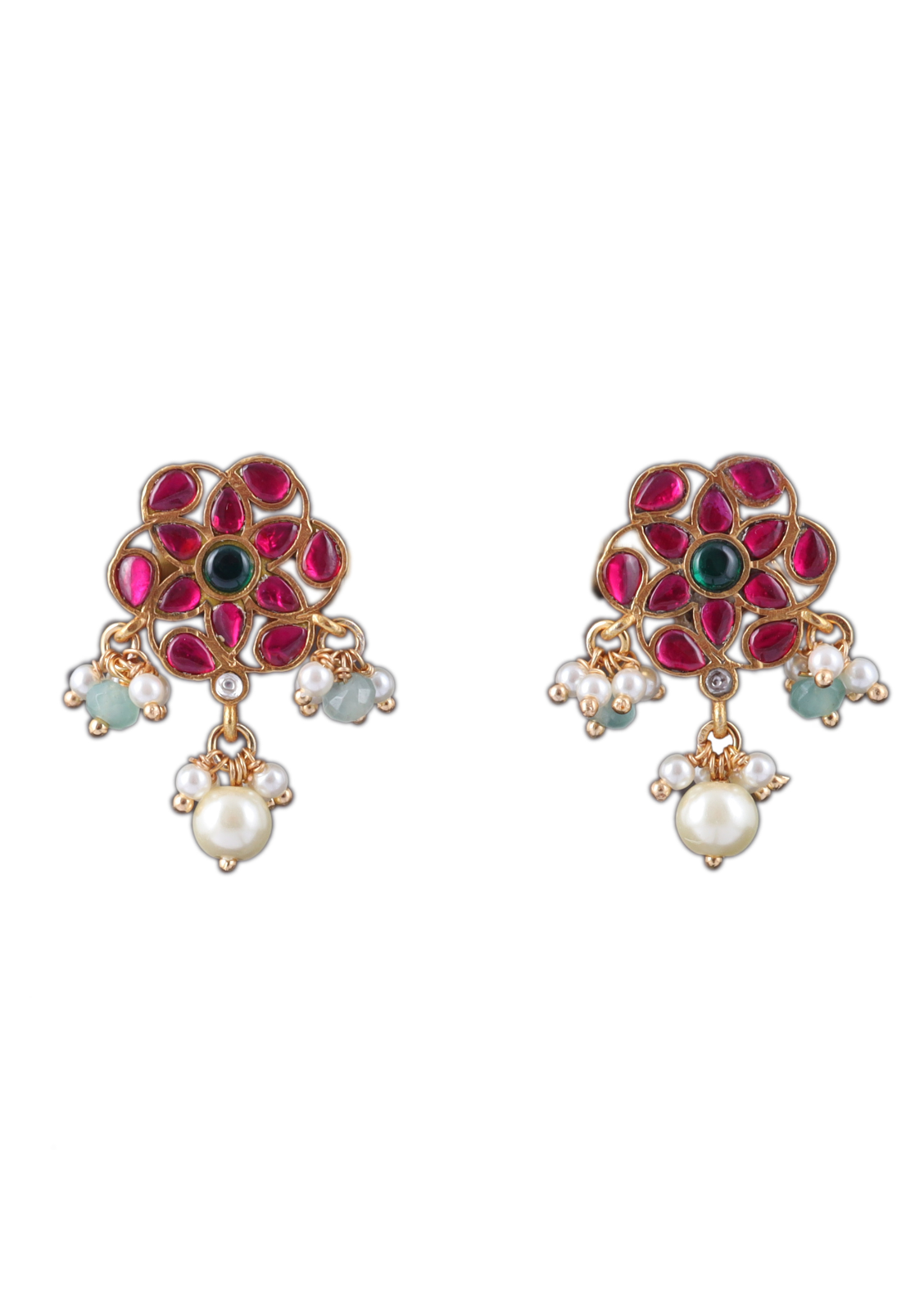 Simple and Classic Jadau Kundan Stud Earrings with Pearl and Green Beads Hangings