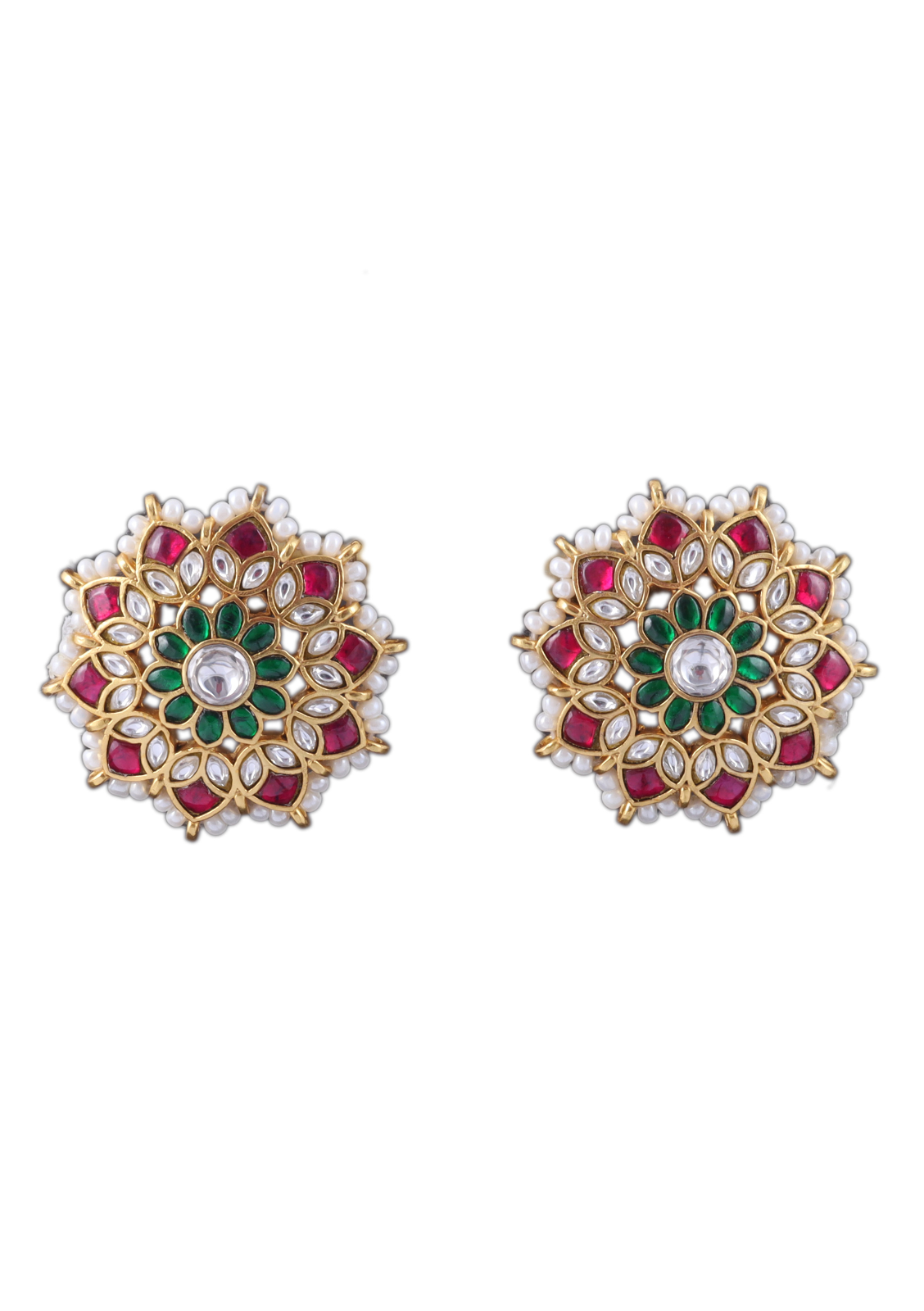 Charming Designer Floral Jadau Kundan Stud Earrings with Pearl Beads