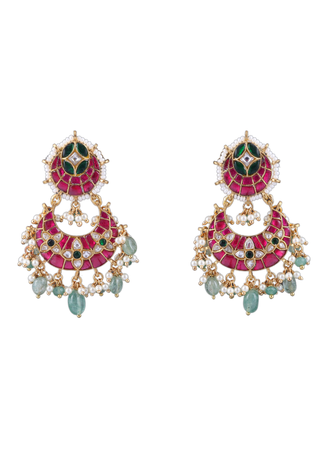 Dashing Designer Jadau Kundan Chandbali Earrings with Pearl and Green Beads Hangings