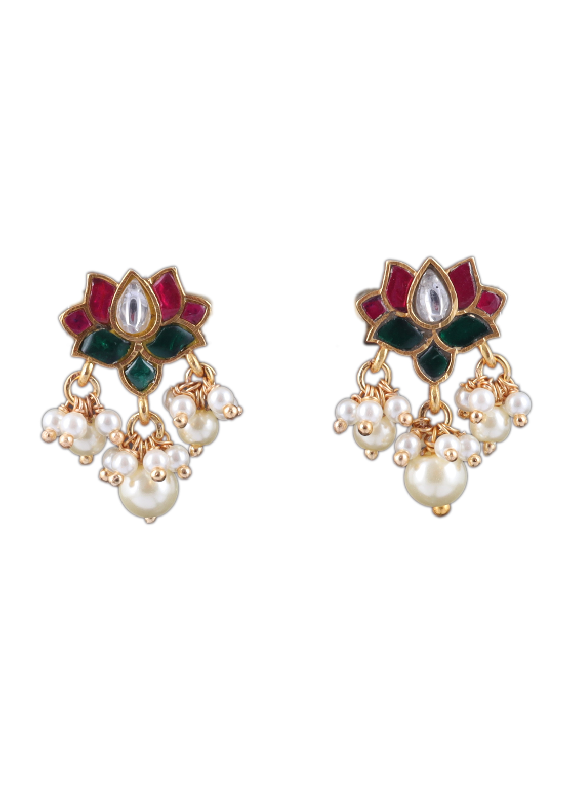 Gorgeous Lotus Jadau Kundan Stud Earrings with Pearl Beads Hangings