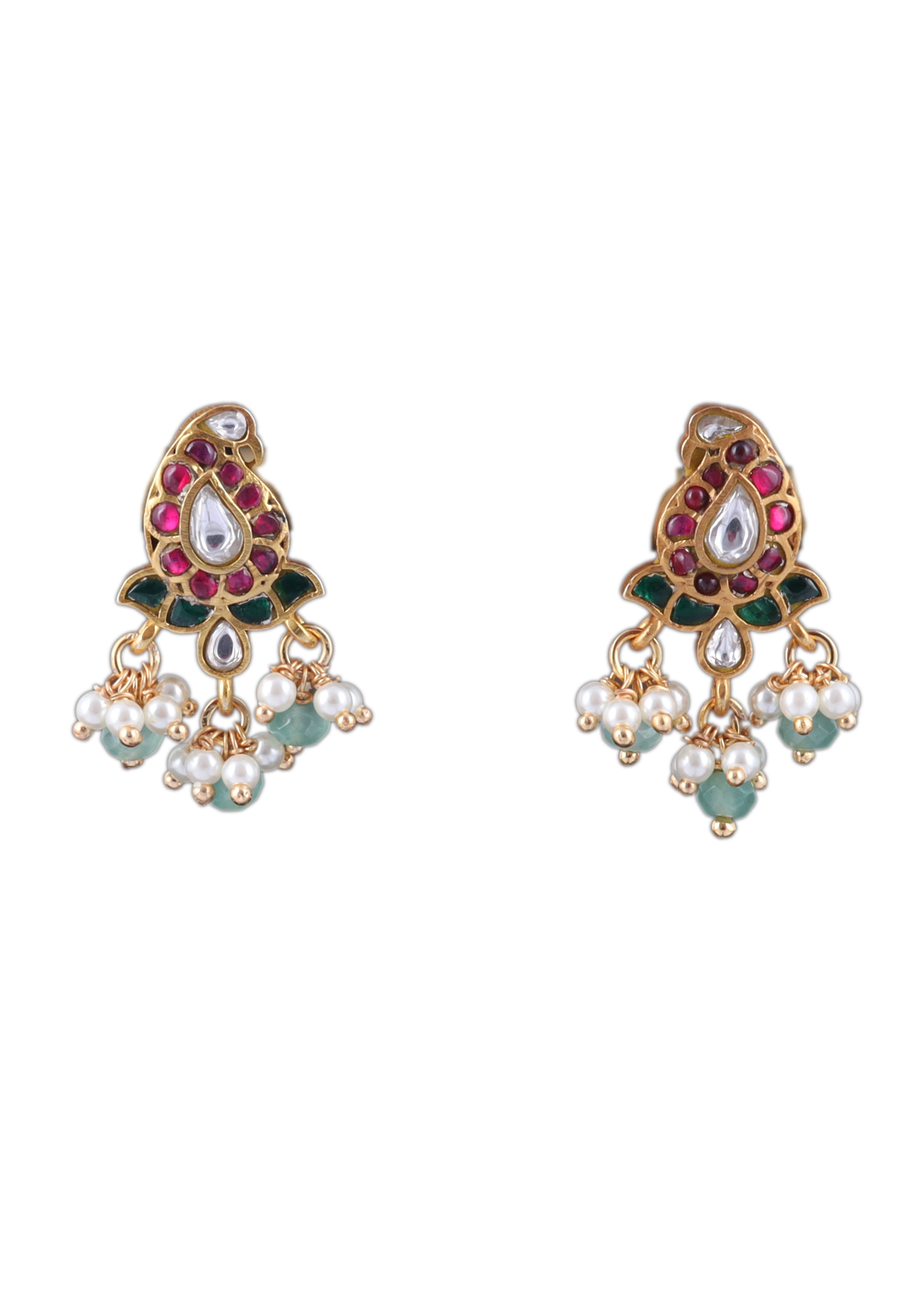 Cute Little Designer Jadau Kundan Mango Stud with Pearl and Green Beads Hanging Earrings