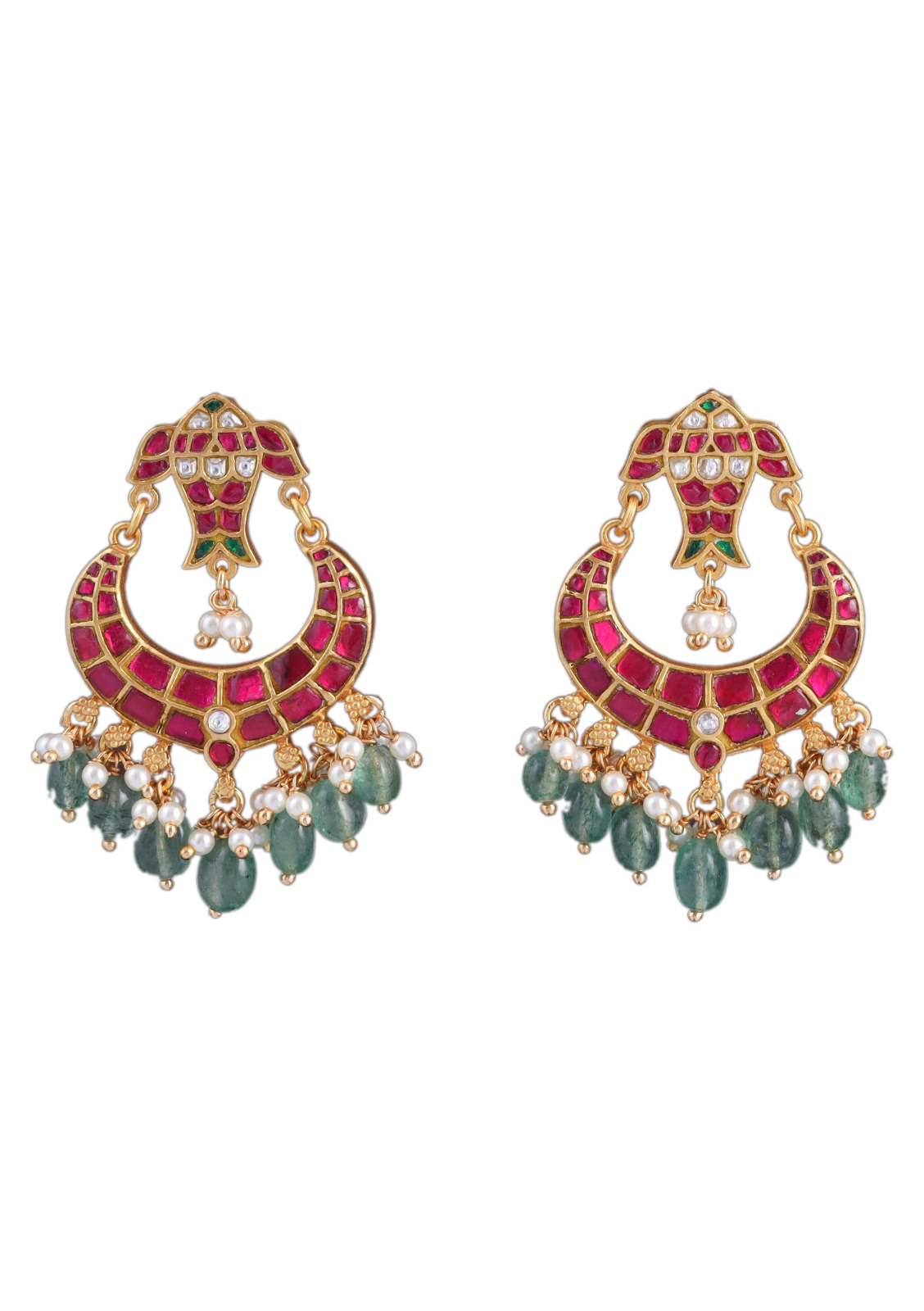 Designer Fish Motif Jadau Kundan Chandbali Earrings with Pearl and Green Beads Hangings