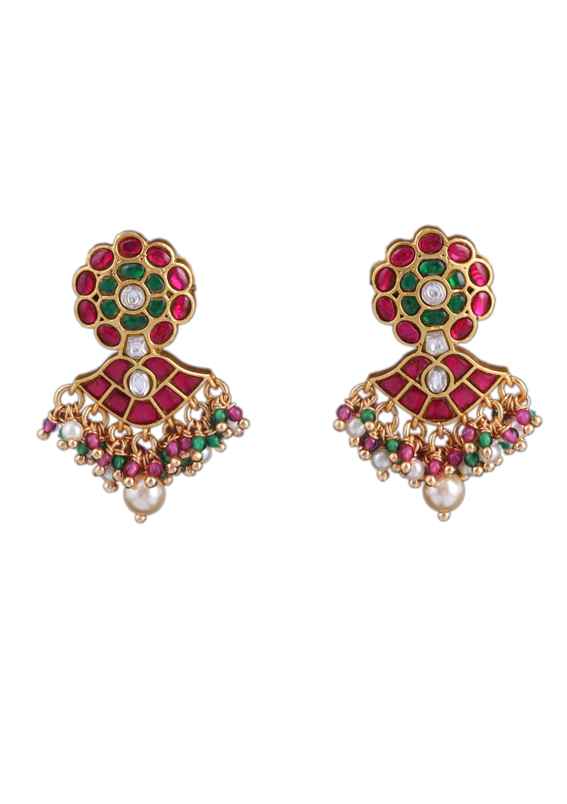 Exclusive Floral Motif Jadau Kundan Earrings with Pearl, Read and and Green Beads Hangings
