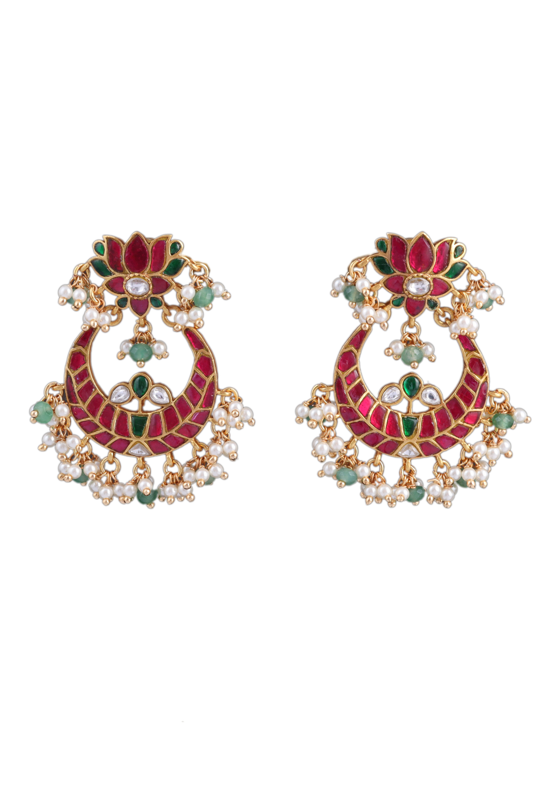 Ravishing Lotus Designer Jadau Kundan Chandbali Earrings with Pearl and Green Beads Hangings