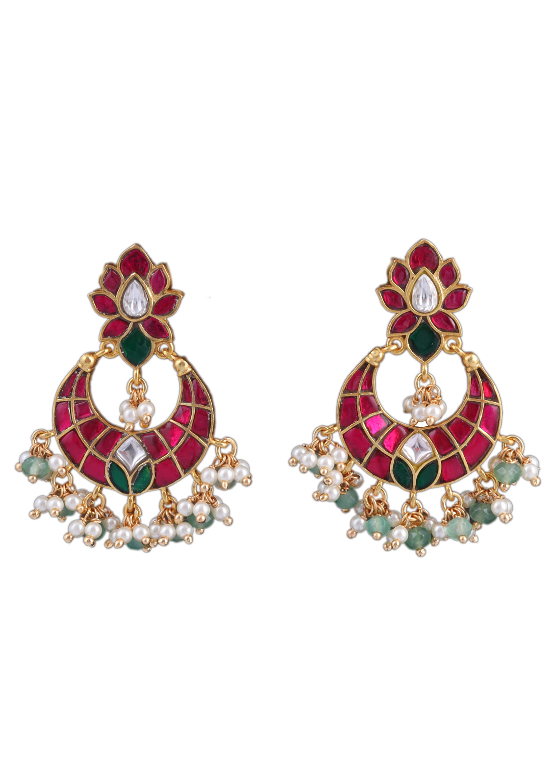 Unique and Stylish Floral Pattern Jadau Kundan Chandbali Earrings With Pearl and Green Beads Hangings