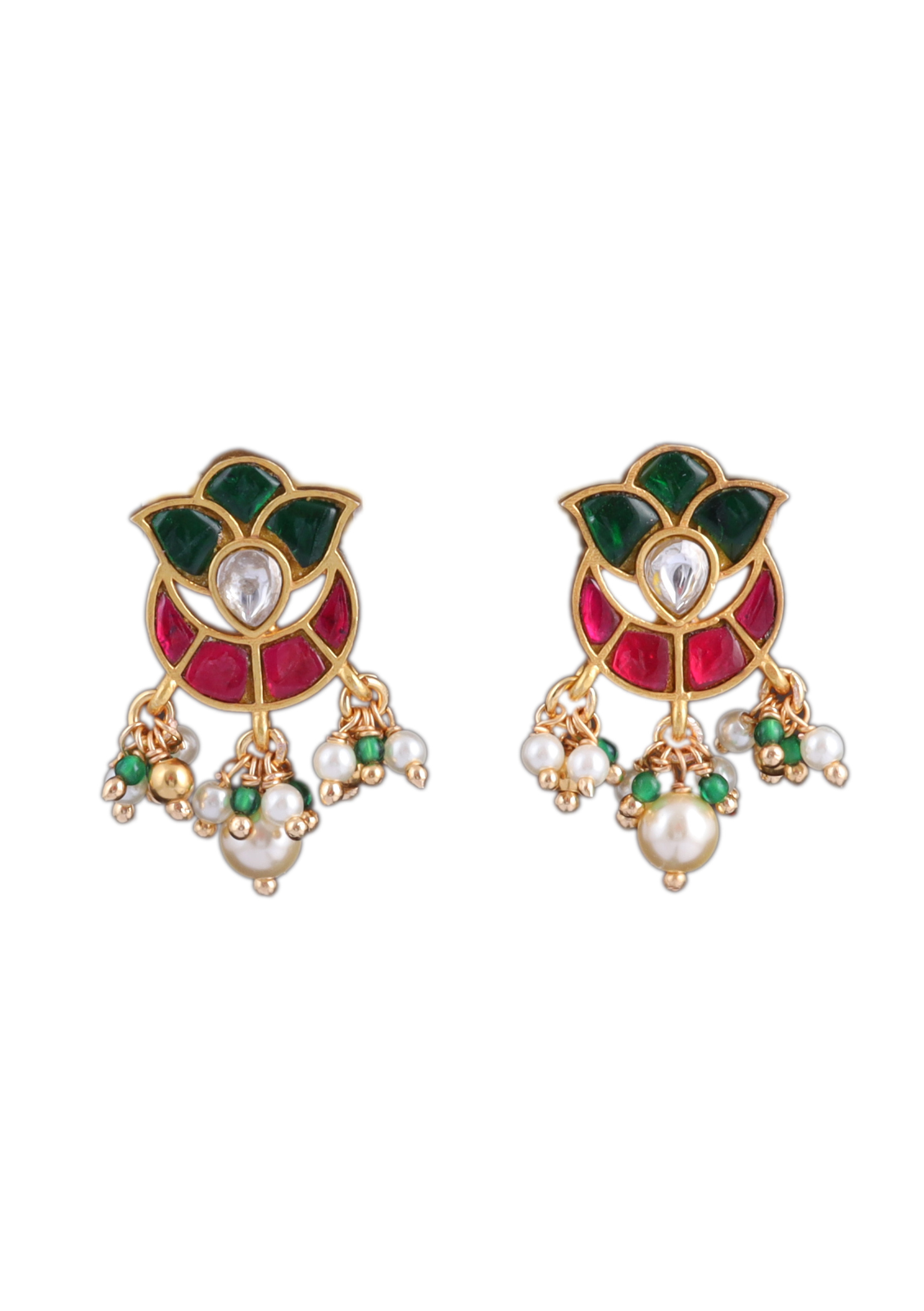 Pretty Looking Jadau Kundan Stud Earrings with Pearl and Hangings Beads