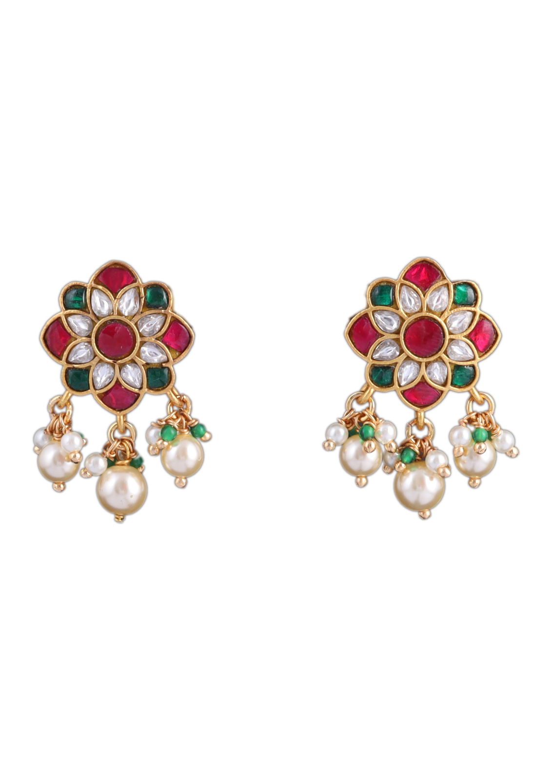 Elegant Floral Motif Designer Jadau Kundan Stud Earrings with Pearl Beads Hangings