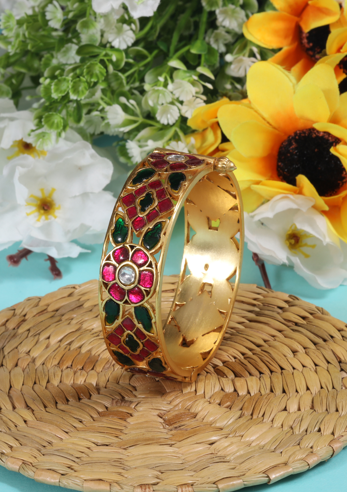 Ruby and Emerald Unique Jadau Kundan Openable Single Bangle