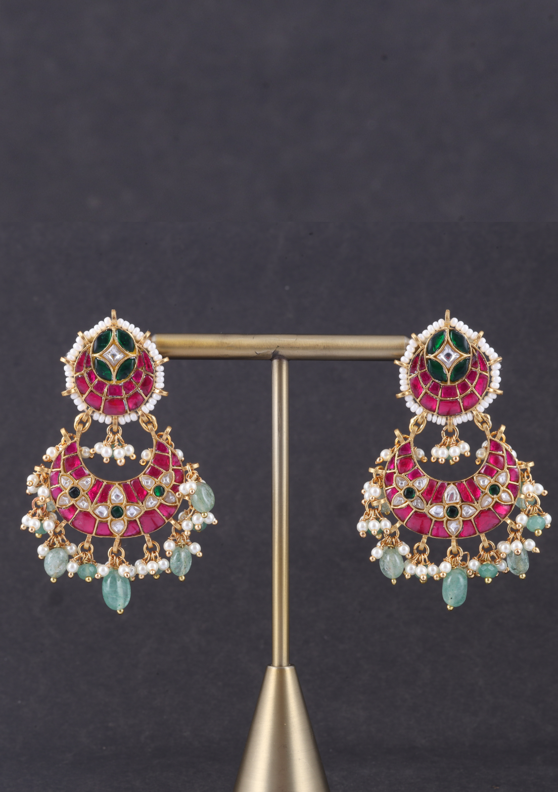 Dashing Designer Jadau Kundan Chandbali Earrings with Pearl and Green Beads Hangings