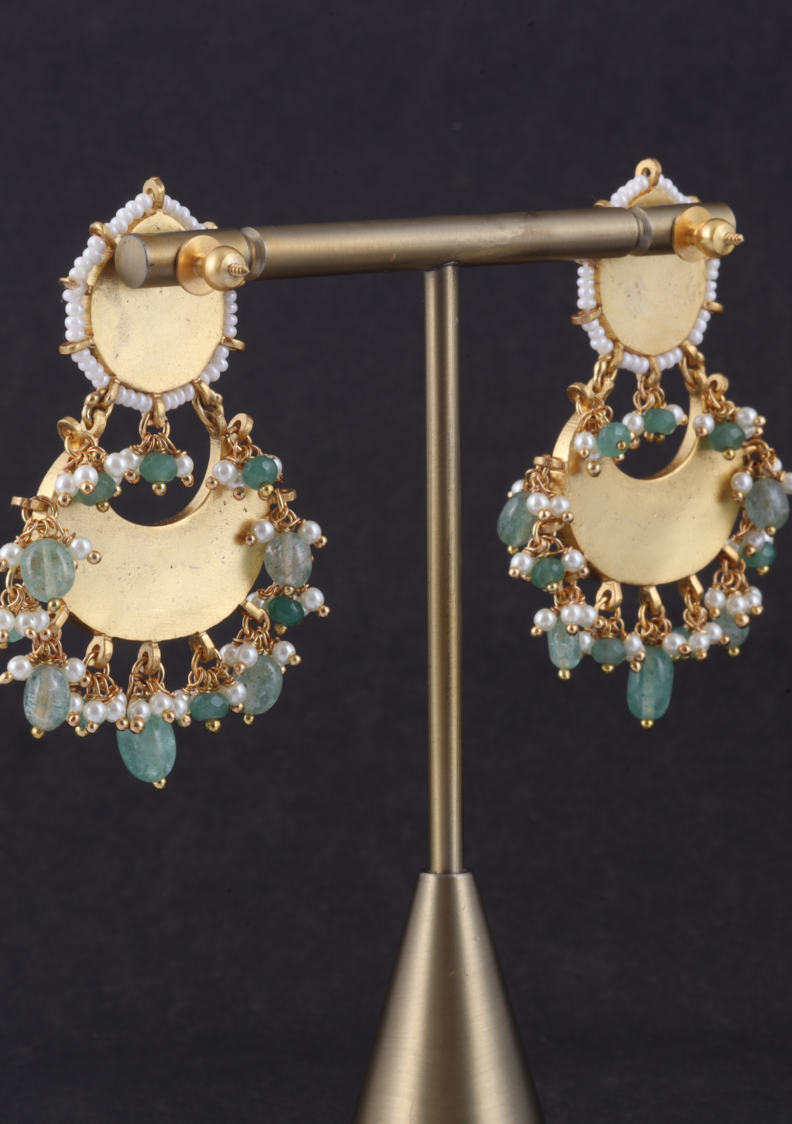 Dashing Designer Jadau Kundan Chandbali Earrings with Pearl and Green Beads Hangings