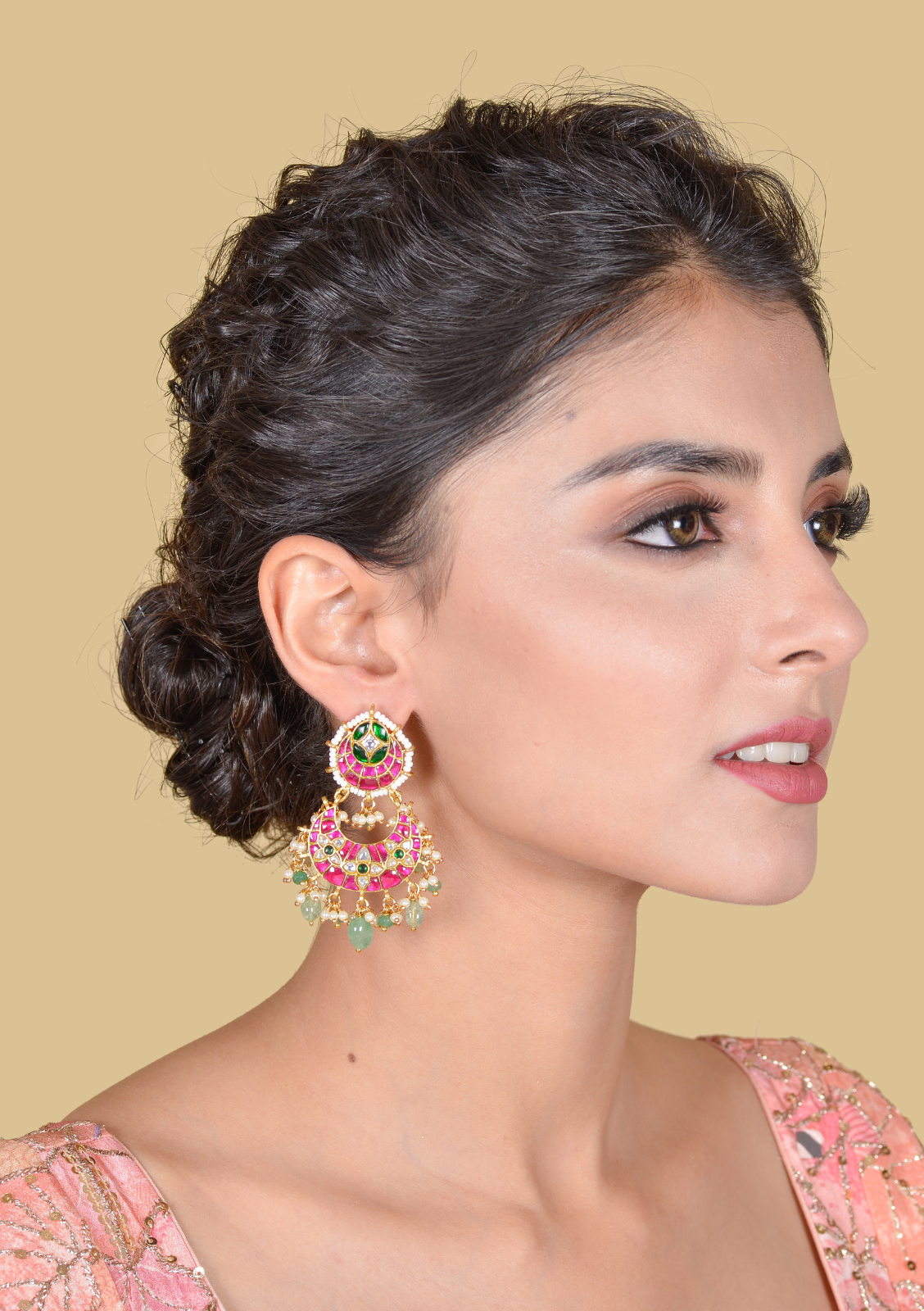 Dashing Designer Jadau Kundan Chandbali Earrings with Pearl and Green Beads Hangings