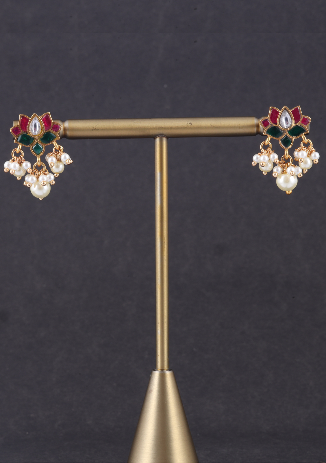 Gorgeous Lotus Jadau Kundan Stud Earrings with Pearl Beads Hangings