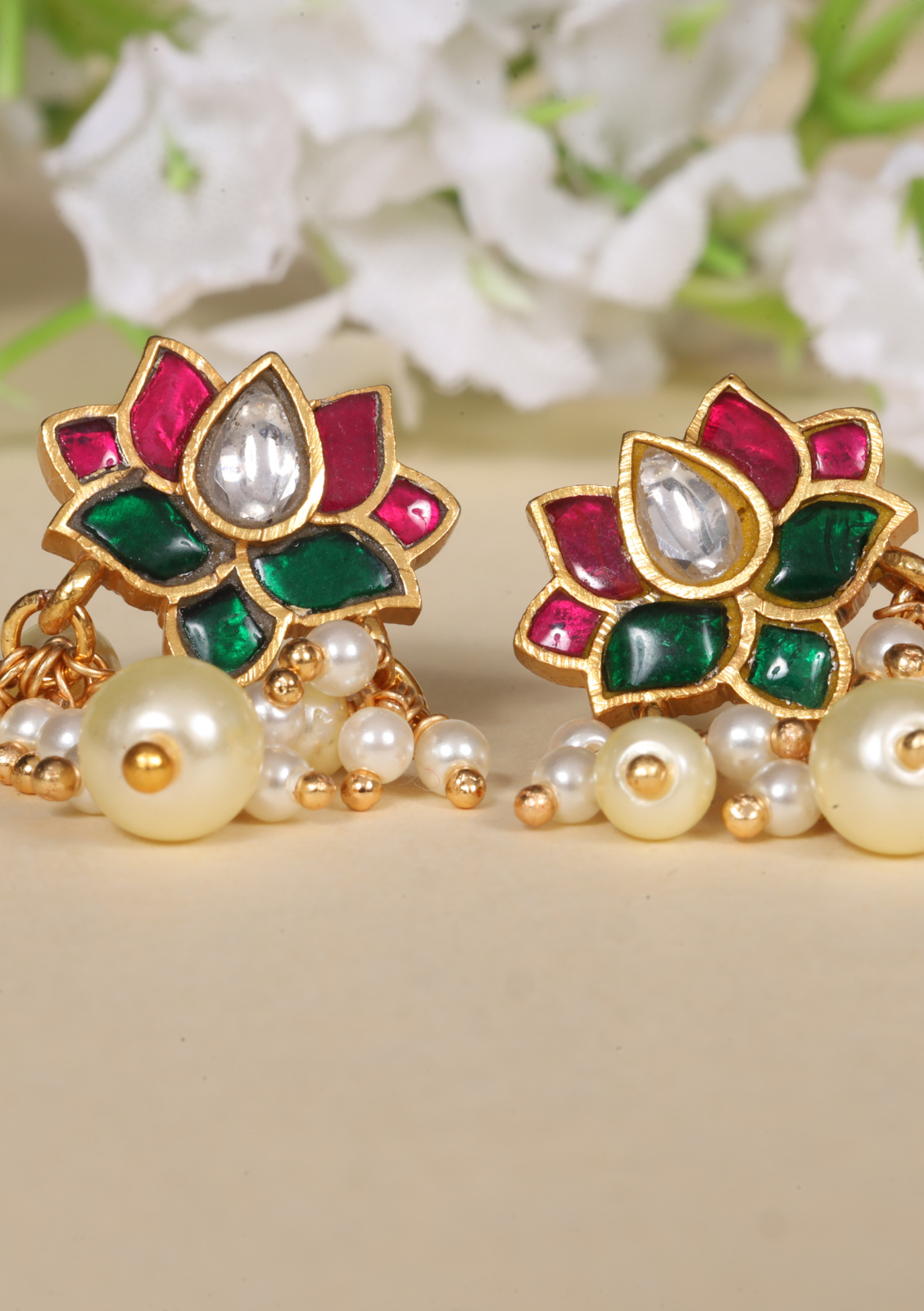 Gorgeous Lotus Jadau Kundan Stud Earrings with Pearl Beads Hangings