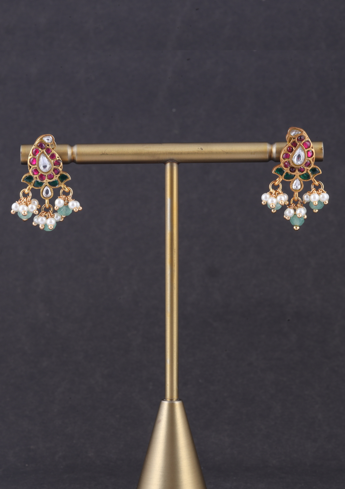 Cute Little Designer Jadau Kundan Mango Stud with Pearl and Green Beads Hanging Earrings