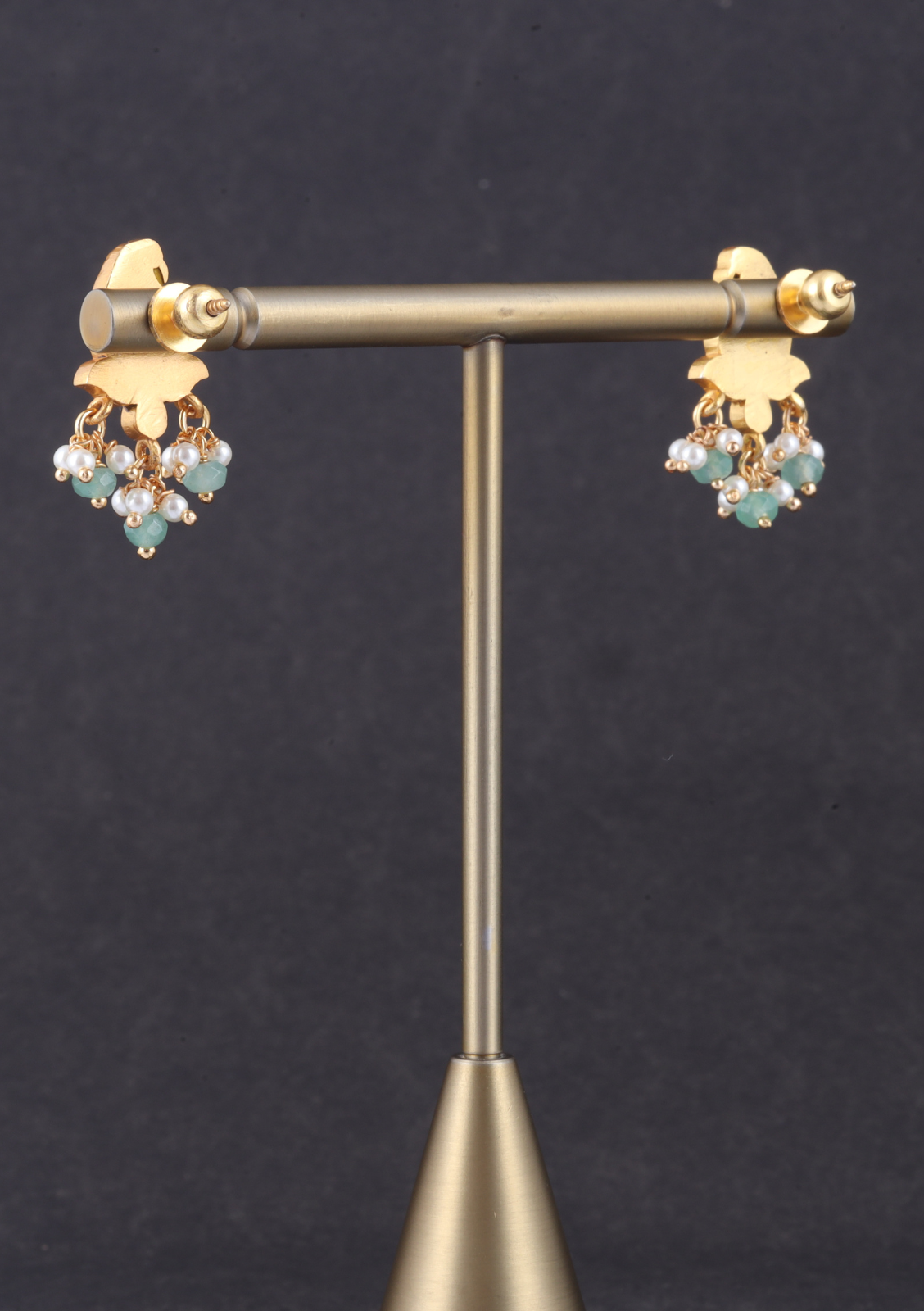 Cute Little Designer Jadau Kundan Mango Stud with Pearl and Green Beads Hanging Earrings