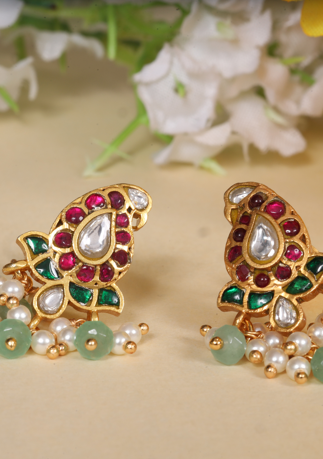 Cute Little Designer Jadau Kundan Mango Stud with Pearl and Green Beads Hanging Earrings