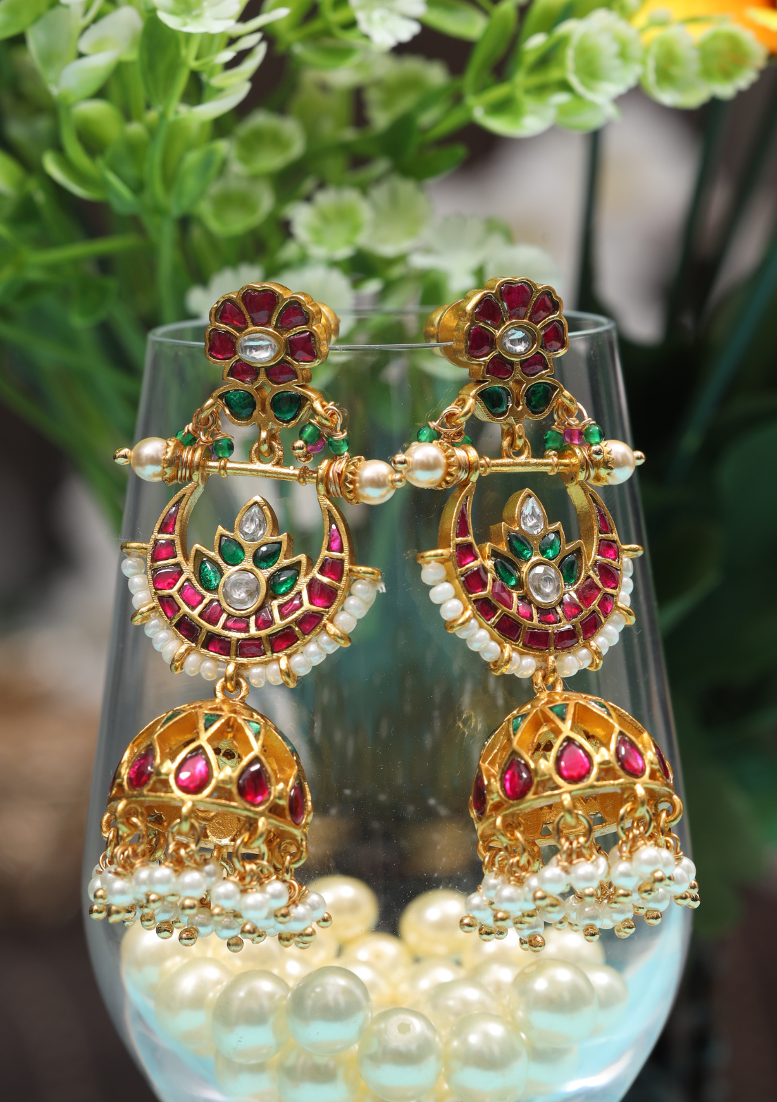Traditional Classic Jadau Kundan Chandbali Earrings Jhumka with Pearl Hangings