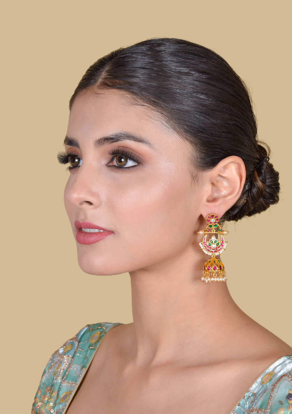 Traditional Classic Jadau Kundan Chandbali Earrings Jhumka with Pearl Hangings