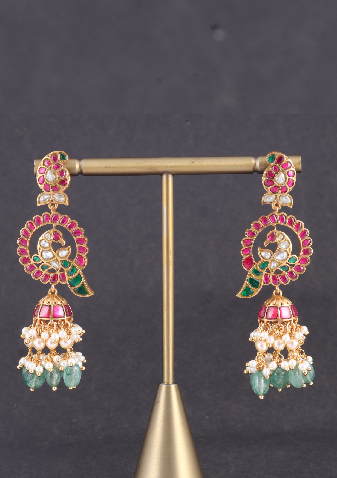 Charming Designer Peacock Jhumka Jadau Kundan Earrings with Green Emerald Beads Hangings
