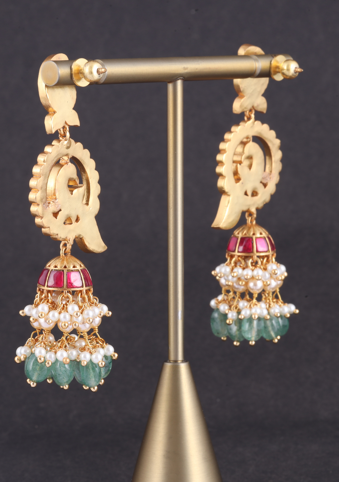 Charming Designer Peacock Jhumka Jadau Kundan Earrings with Green Emerald Beads Hangings