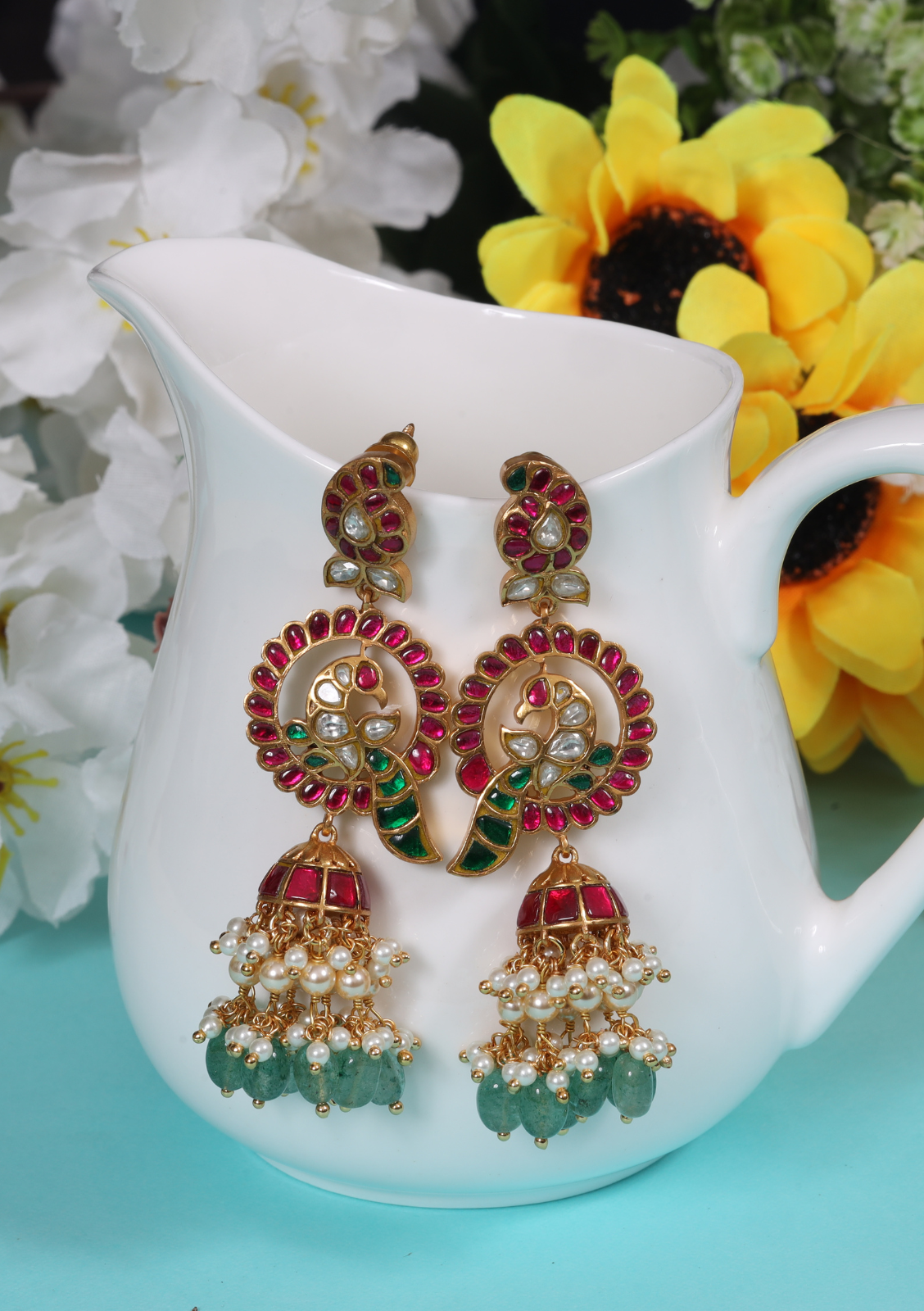 Charming Designer Peacock Jhumka Jadau Kundan Earrings with Green Emerald Beads Hangings