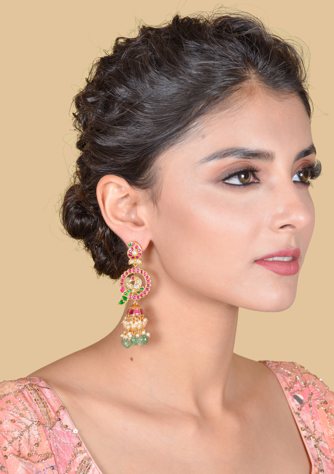 Charming Designer Peacock Jhumka Jadau Kundan Earrings with Green Emerald Beads Hangings