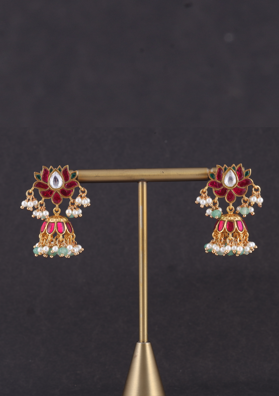 Exquisite Lotus Jadau Kundan Jhumka Earrings with Pearl and Green Beads