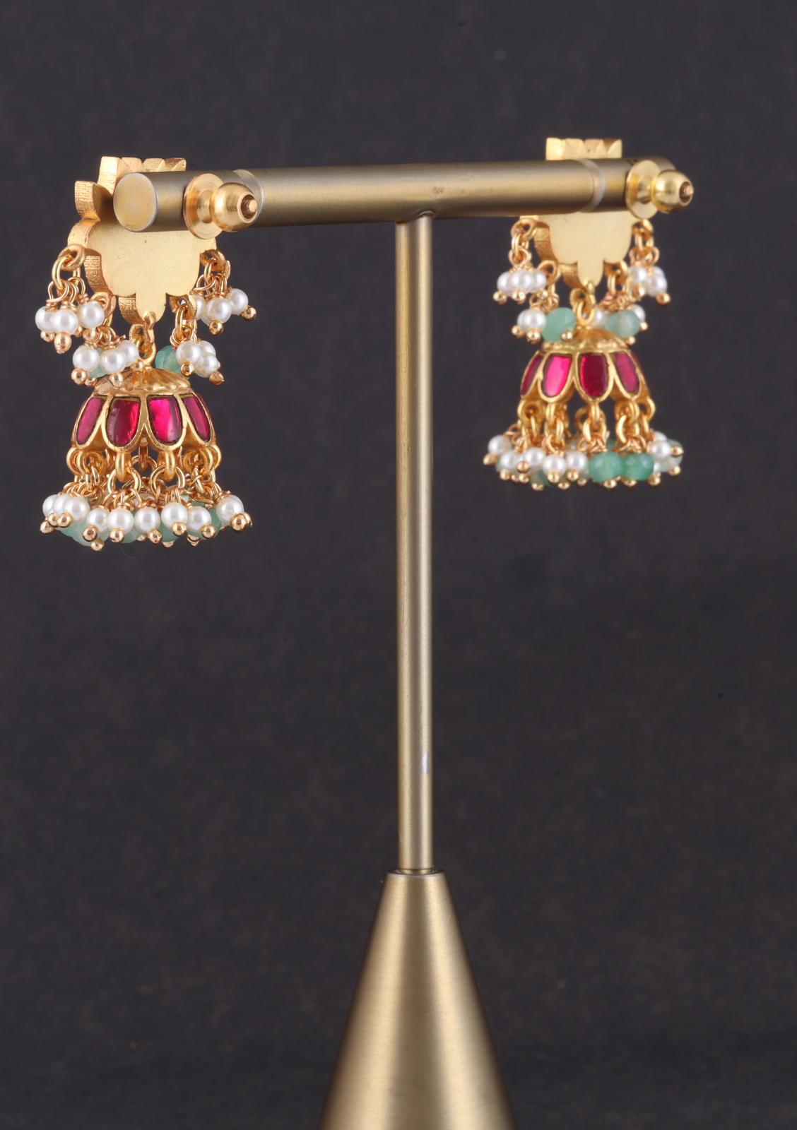 Exquisite Lotus Jadau Kundan Jhumka Earrings with Pearl and Green Beads