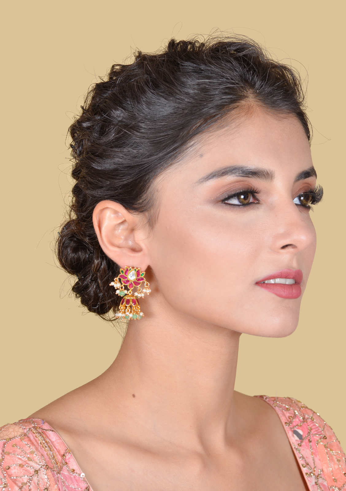 Exquisite Lotus Jadau Kundan Jhumka Earrings with Pearl and Green Beads