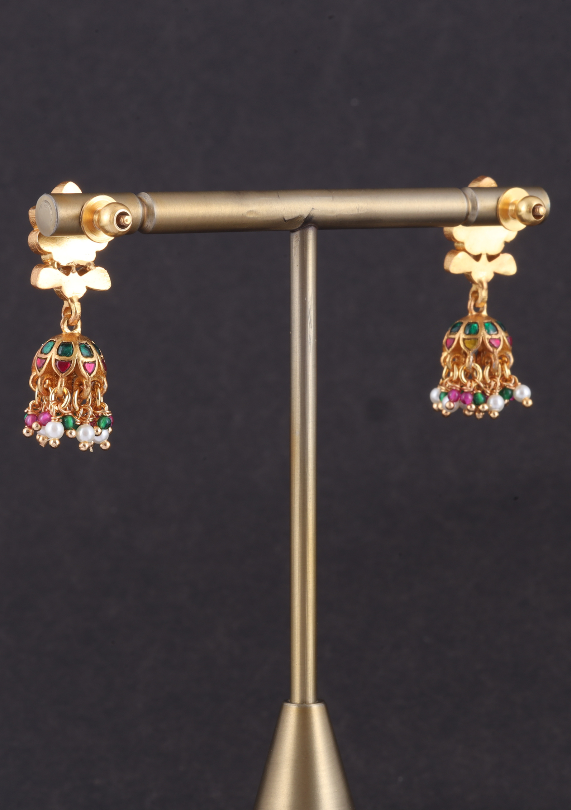 Stylish and Cute Jadau Kundan Designer Jhumka Earrings with Pearl and Green Beads Hangings