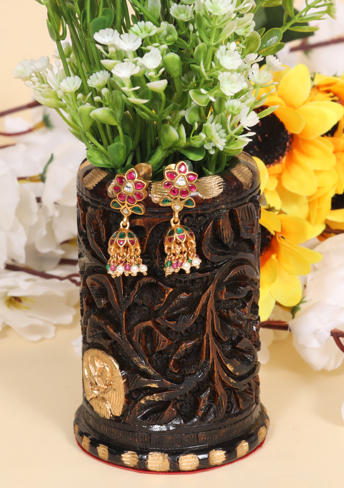 Stylish and Cute Jadau Kundan Designer Jhumka Earrings with Pearl and Green Beads Hangings