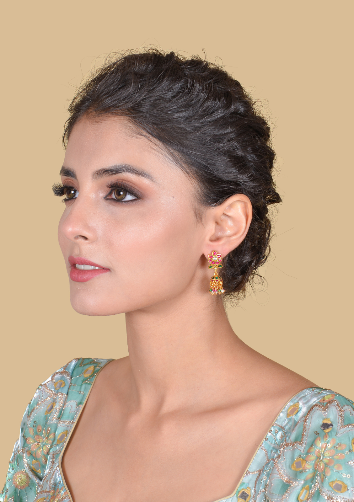 Stylish and Cute Jadau Kundan Designer Jhumka Earrings with Pearl and Green Beads Hangings