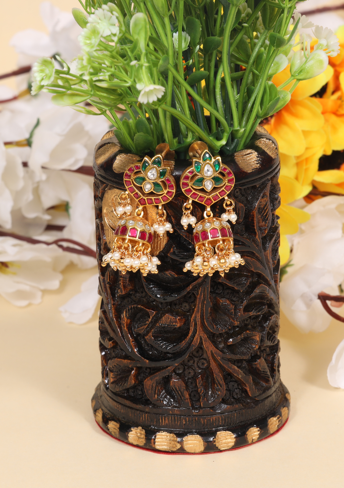 Eye-Catching Designer Jadau Kundan Jhumka Earrings with Pearl Beads Hangings