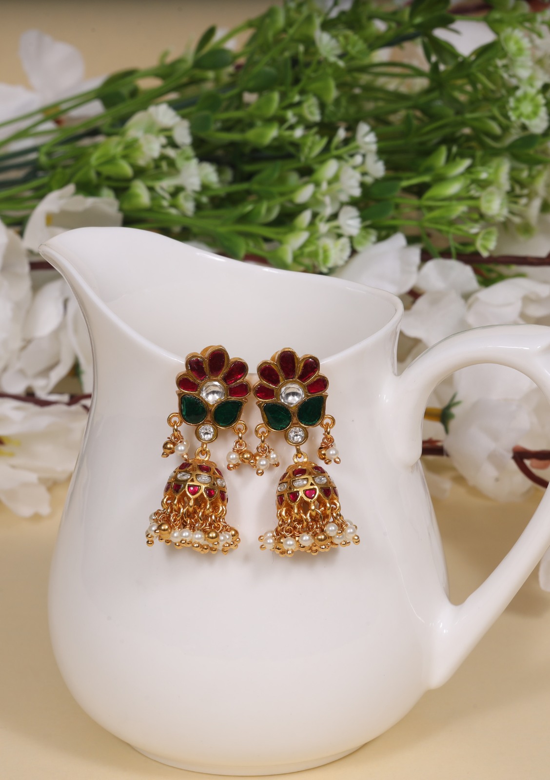 Pretty Jadau Kundan Designer Jhumka Earrings with Pearl Hangings